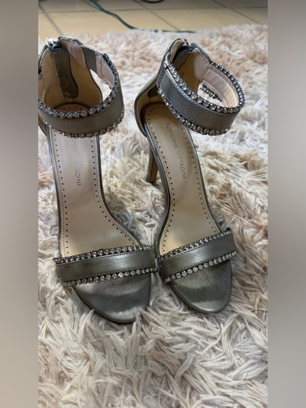 Adrienne Vittadini Metallic Silver Rhinestone Ankle-Strap Heels